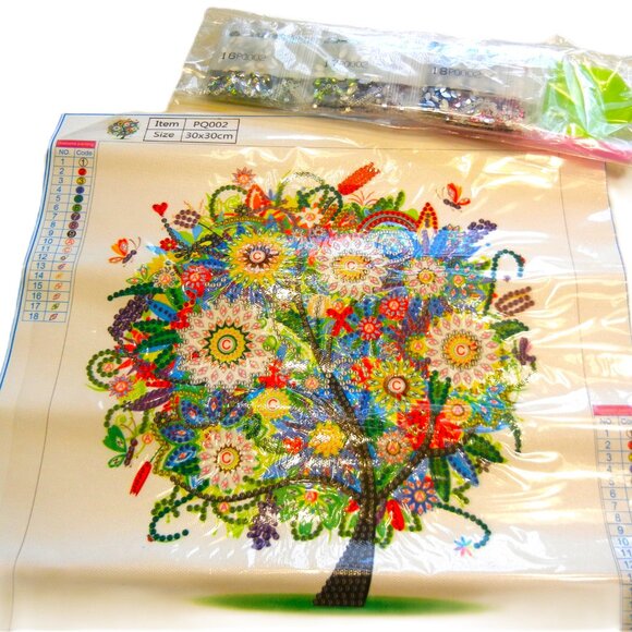 DIY Crystal Bead Kit TREES 12x12 Canvas Crystal Work Pattern BLUE GREEN MULTI - Picture 6 of 7